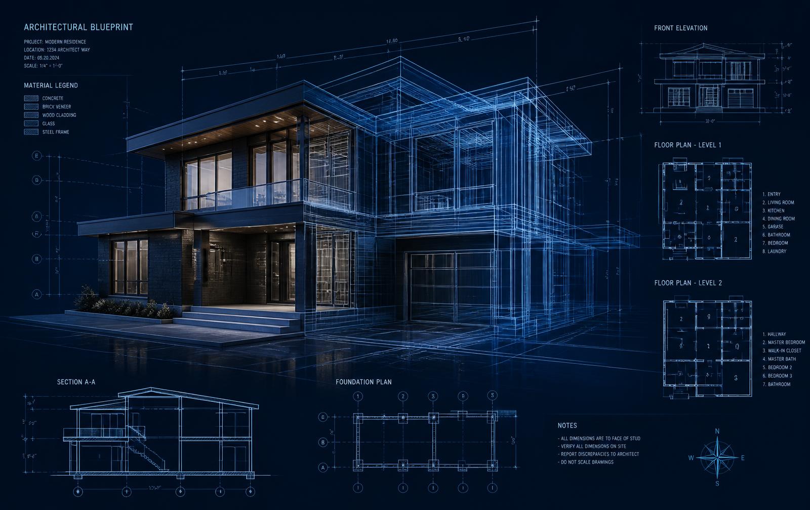 Blueprint drawing of a house being built